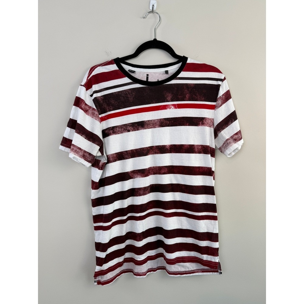 Jeans by Buffalo T-Shirt Mens Medium White Burgundy Striped Distressed Cotton